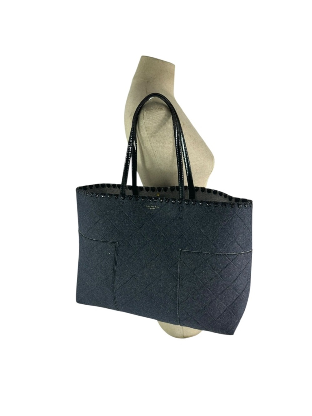 Genuine TORY BURCH Dark Grey Felt Fabric Quilted Tote Bag